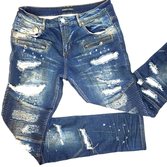 EMBELLISH Men's 34 Distressed Biker Streetwear Jeans with Paneled Stitching - Picture 1 of 16